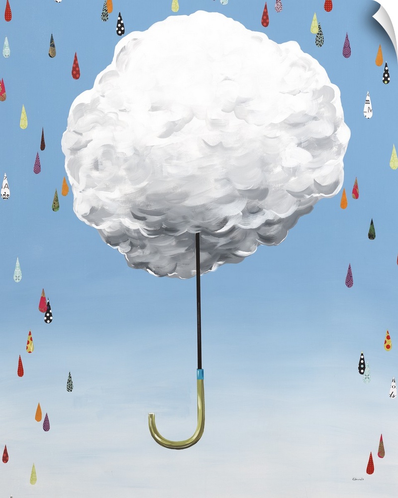 Mixed media artwork with cutout raindrops in different colors and patterns falling around a floating umbrella made with a ...