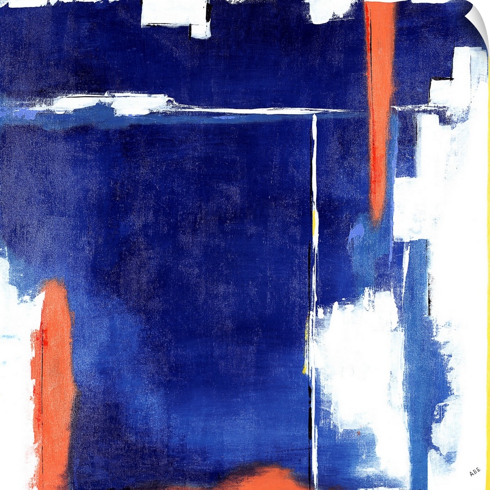 Square abstract art with heavy blue hues on the background and bright orange, white, and yellow lines on top.