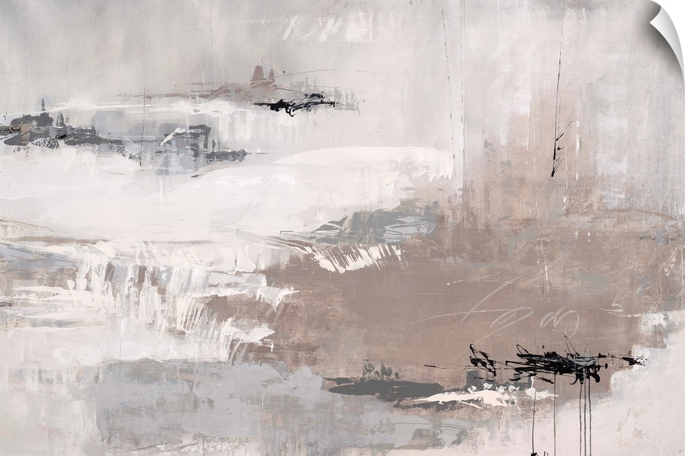 Contemporary abstract painting of neutral colors with harsh black scribbles.