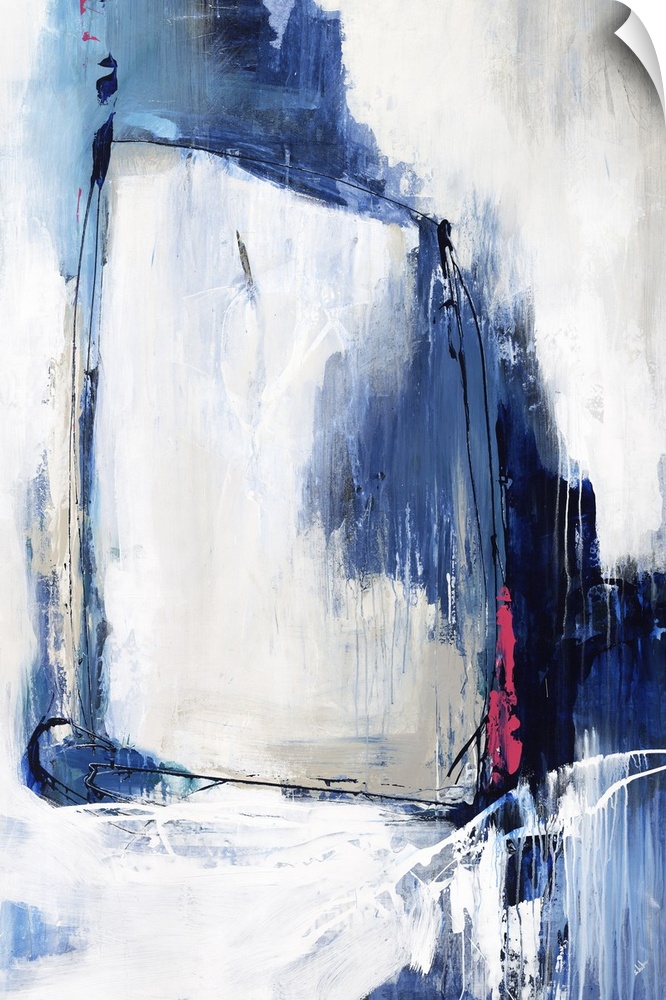 Beautiful abstract painting with a rectangular shape in the middle on a white and gray background with shades of blue drip...