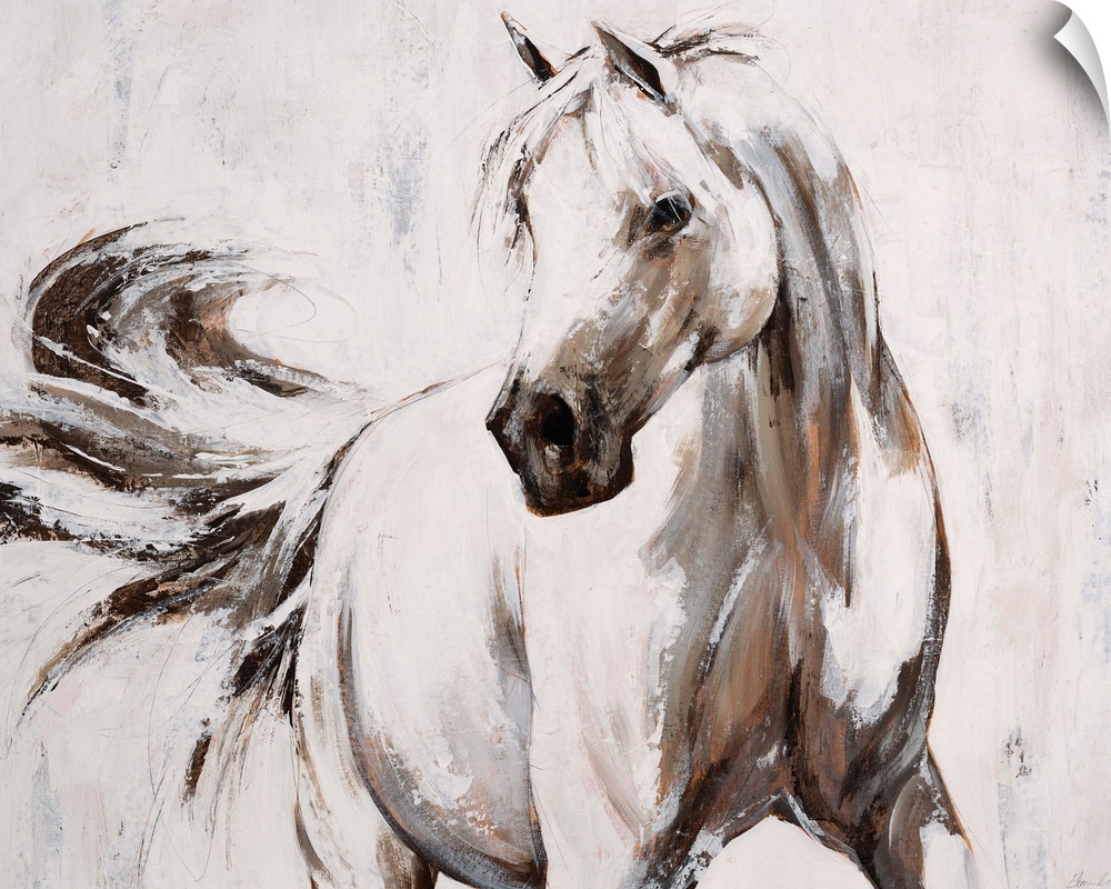 Contemporary painting of an elegant white horse flicking its tail.