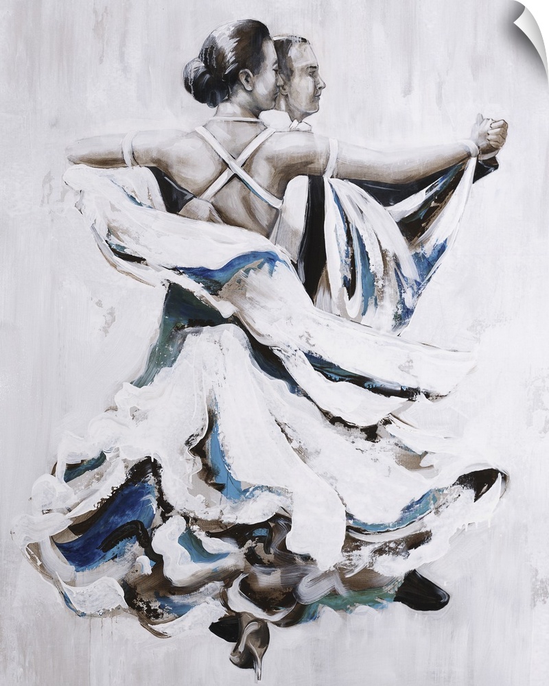 Contemporary painting of two people dancing in shades of brown, blue, and green on a white background.