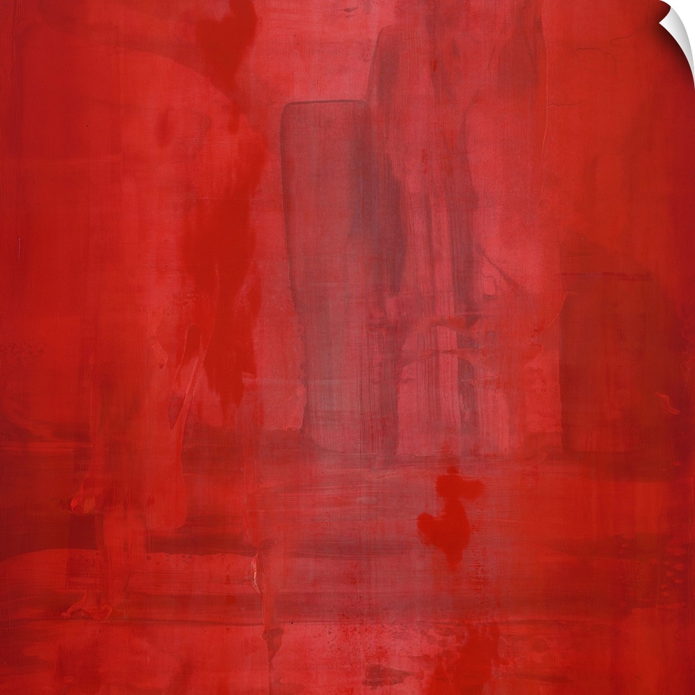 Contemporary abstract painting of a dominating deep red covering the canvas, with a dark geometric shape in the middle.