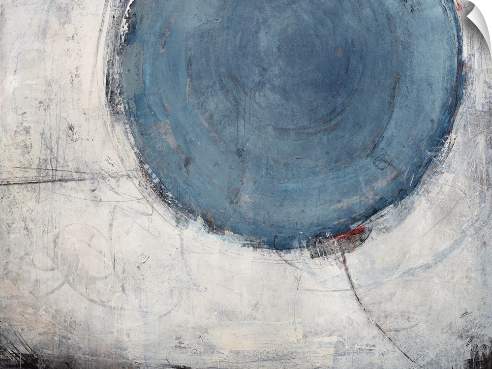 Contemporary abstract painting of a large pale blue circle against a pale gray larger circular shape.