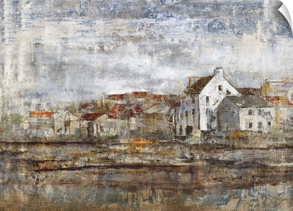 Contemporary artwork of a village in the countryside in the fall.