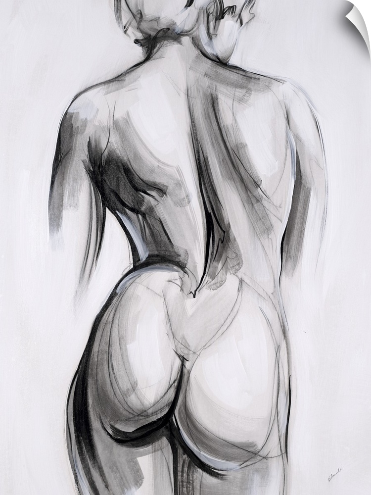 Contemporary figurative abstract with a woman's back and bottom in shades of gray, black, and white.