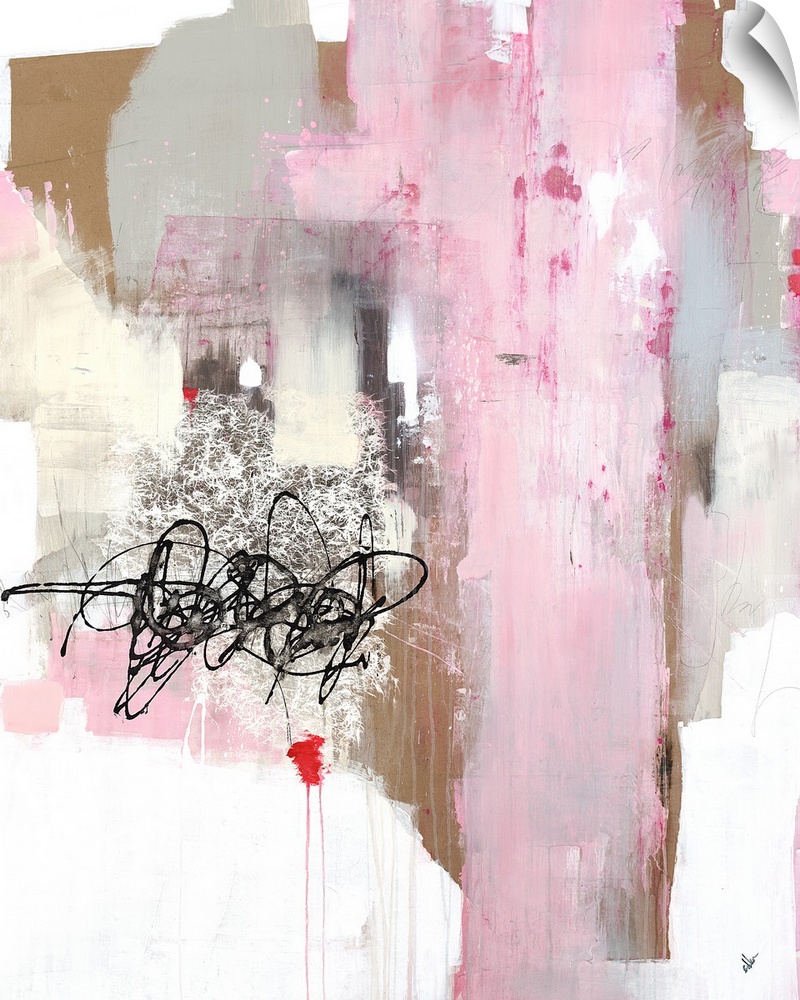 Contemporary abstract painting with pink, gray, tan, and beige brushstrokes, and a black scribble line design over a white...