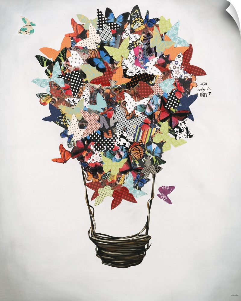 Mixed media artwork with cut out butterflies in various colors and patterns creating the top of a light bulb on a white an...