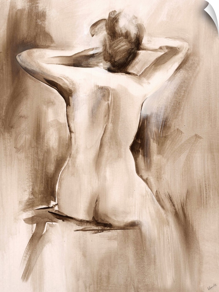 Contemporary figurative painting of a nude female seated with arms lifted and back facing viewer.