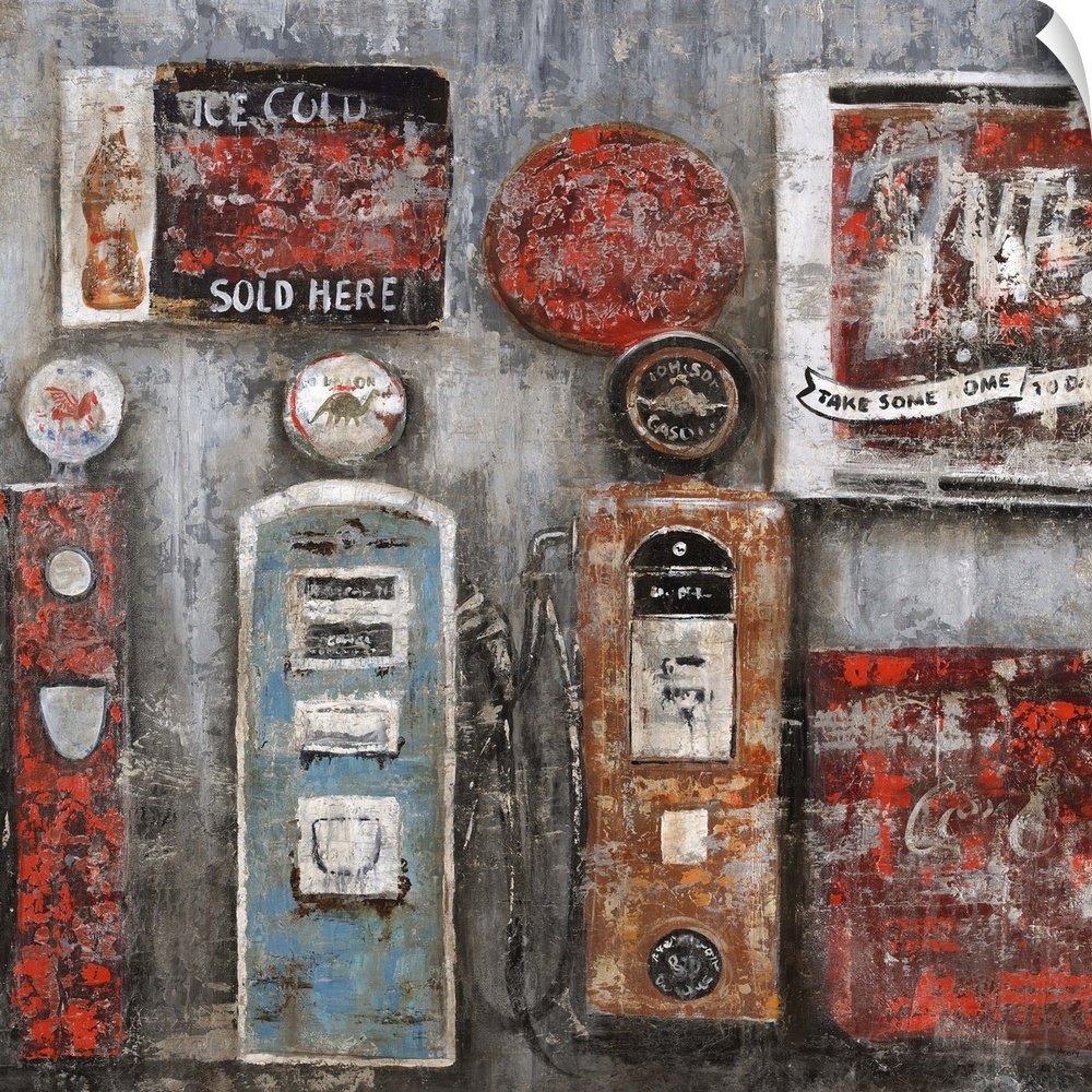 Painting of several vintage gas pumps and signage, painted with a texture that gives an antique feel to the image.