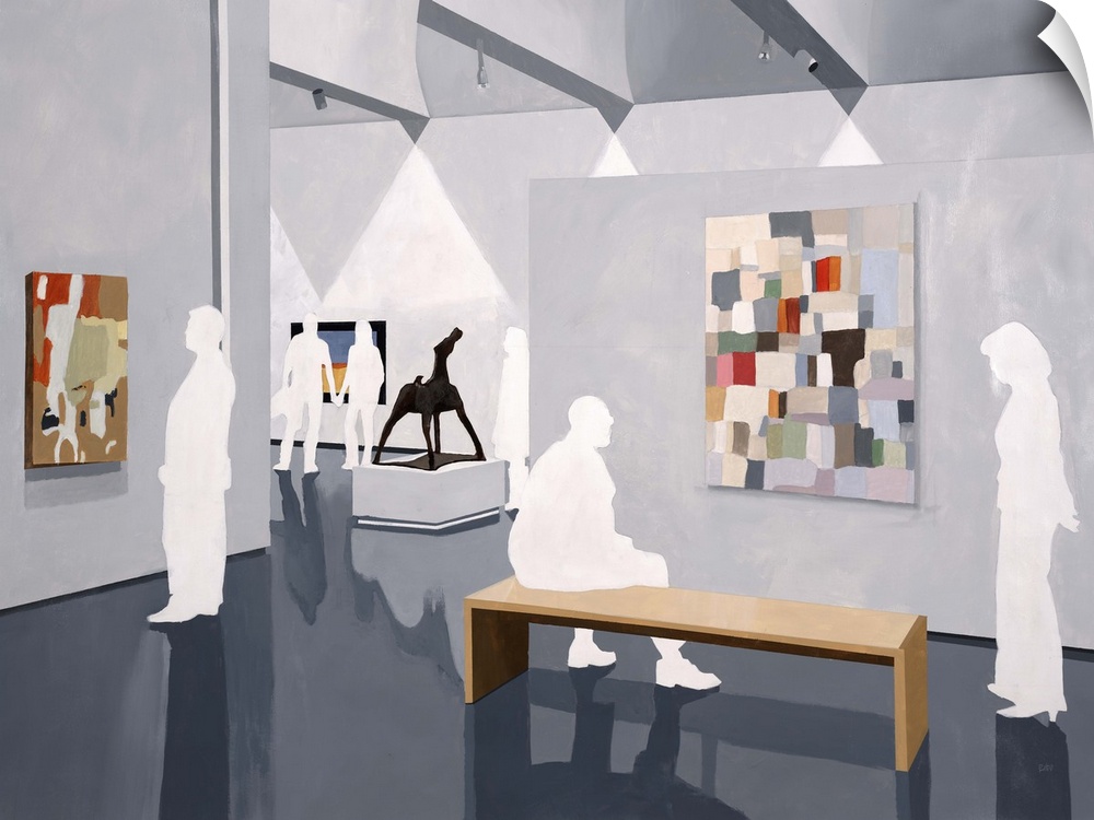Contemporary painting of white silhouetted people admiring art at an art show.