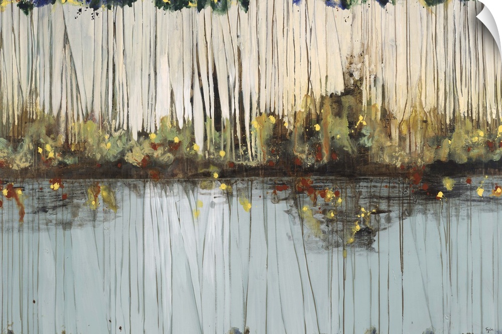 Artwork of a calm pond surrounded by tall reeds and fireflies.