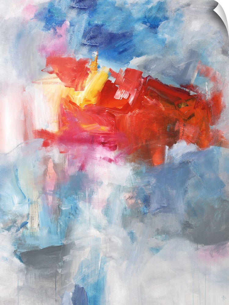 Contemporary abstract painting using bright red tones over a mixture of blue tones over gray.
