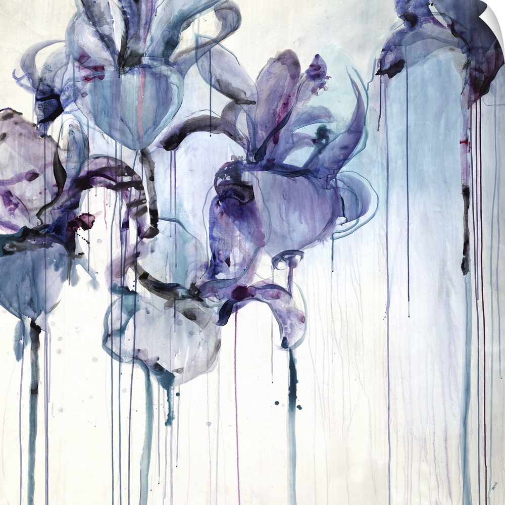 Abstract floral painting of five iris blooms with drips of paint running down.