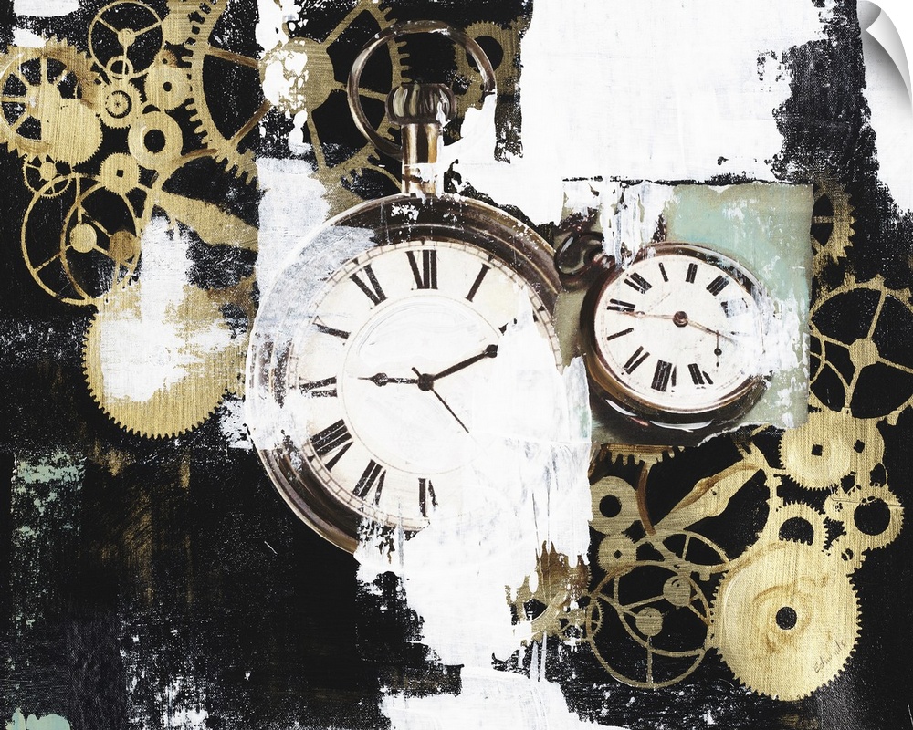 Contemporary composite image of pocket watches and gears in a battered appearance.