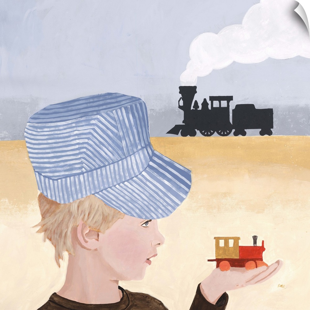 Contemporary painting of a young boy holding a toy train, with another train in the distance.