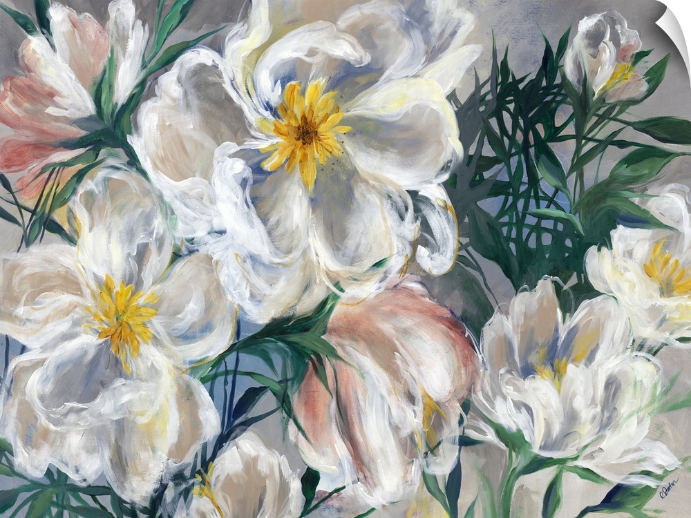 Contemporary painting of a bouquet of white and pink flowers.