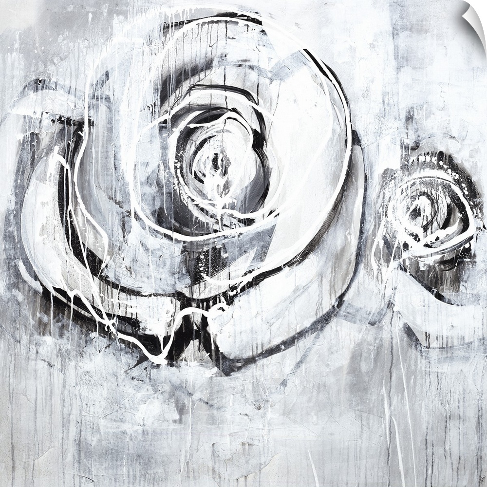 Square artwork of two roses in textured paint on shades of gray.