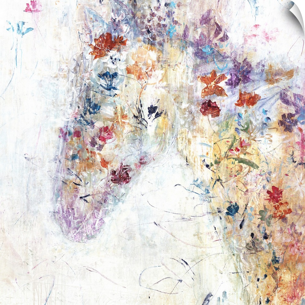 Square abstract painting of a colorful horse with spring flowers on top.
