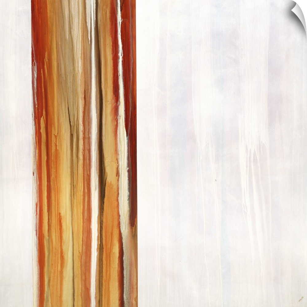 Abstract contemporary painting of vertical red and orange stripes on white.