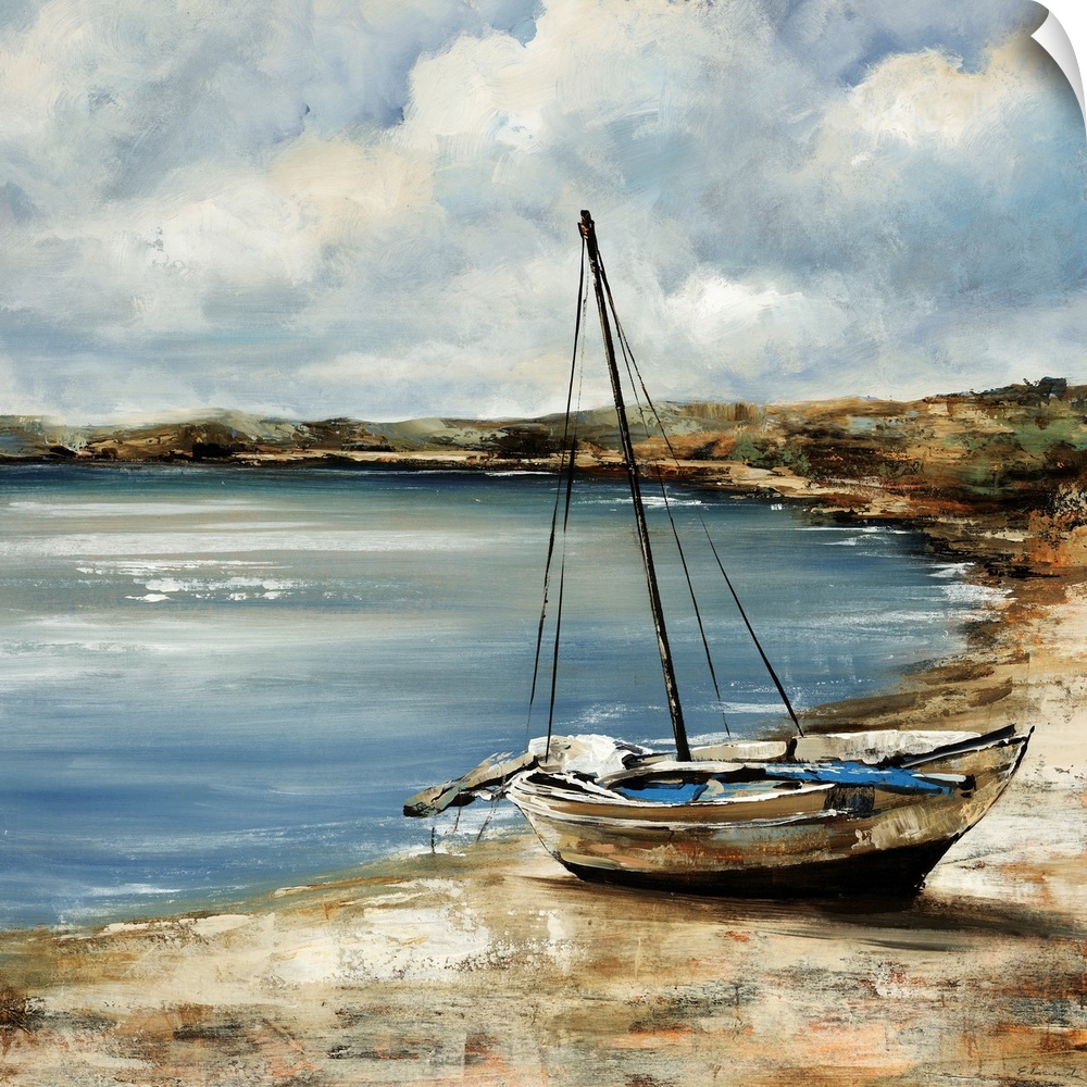 Square painting of a sailboat sitting on the shore with water near it.