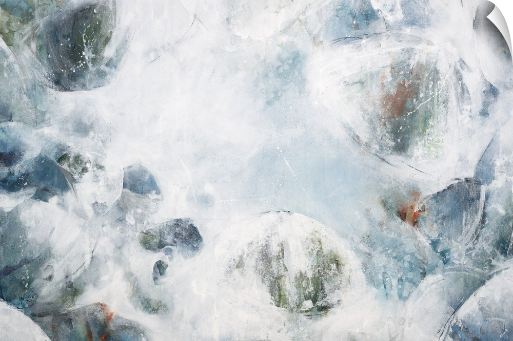 Contemporary abstract painting of what looks like fluffy clouds in a pale blue sky.