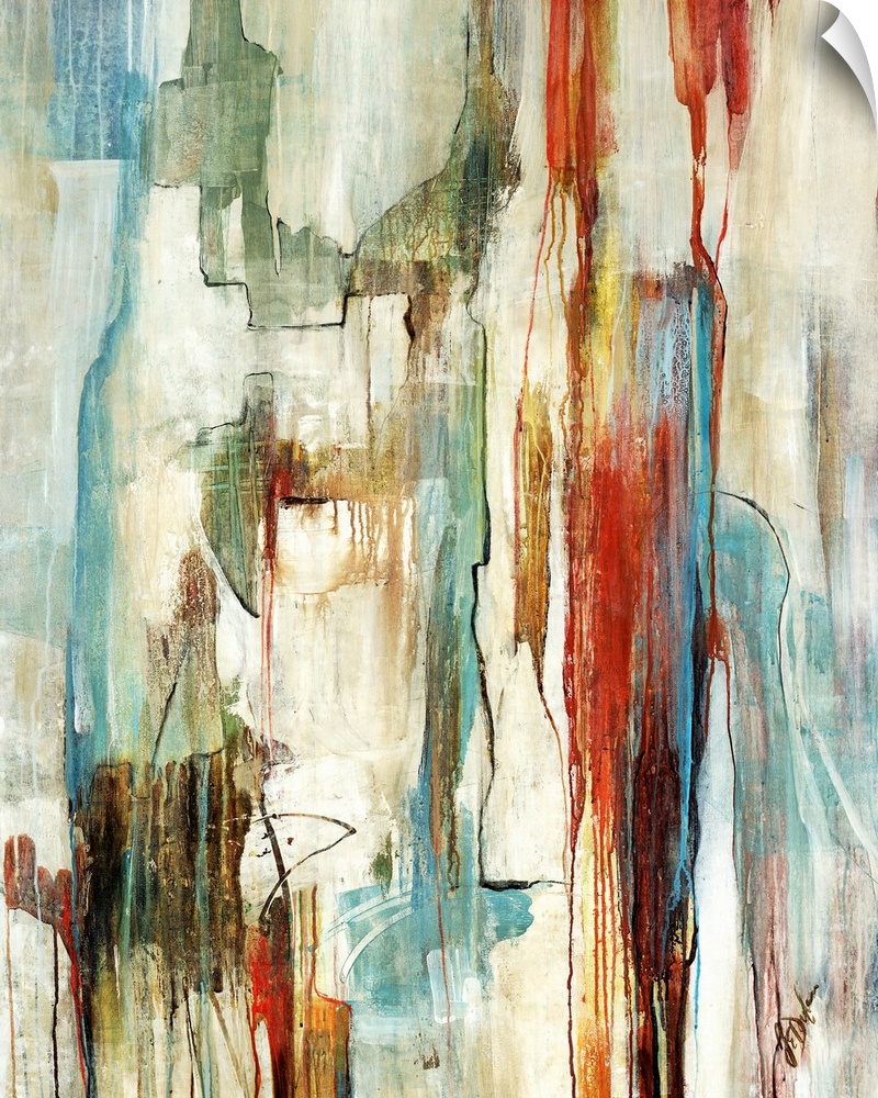 A large abstract piece with muted colors that move in a vertical direction and drip down toward the bottom.
