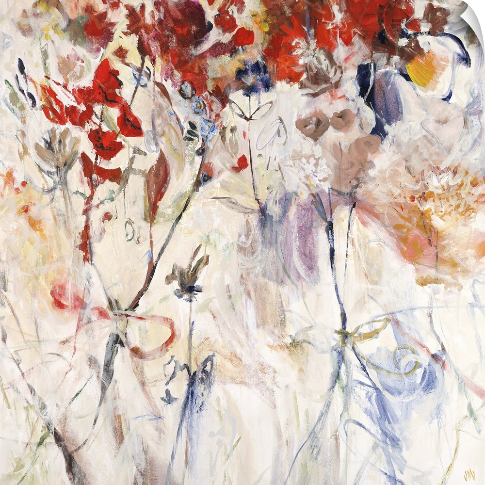 Contemporary painting of various florals and stems in many colors, scattered onto a light earthy background.