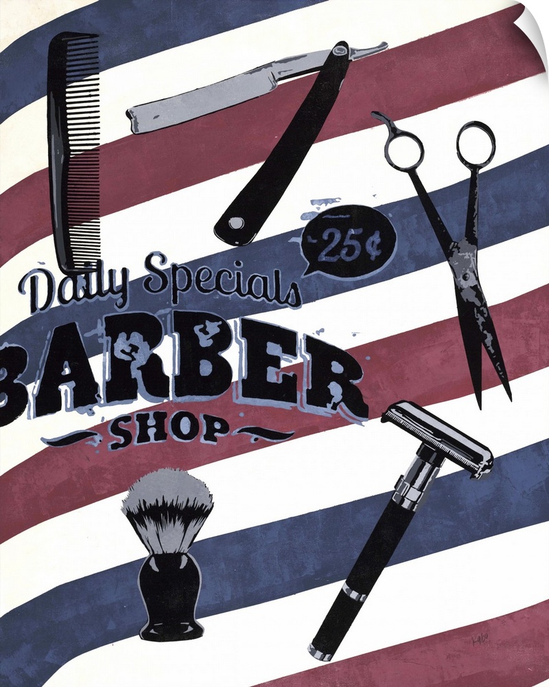 A contemporary painting of a red white and blue striped barber background with hair cutter and shaving materials.