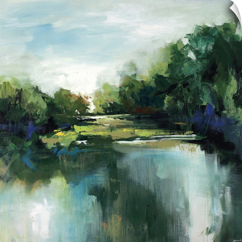 Landscape painting in thick sweeping brushstrokes of a calm pond in front of a grove of lush trees and a green landscape.