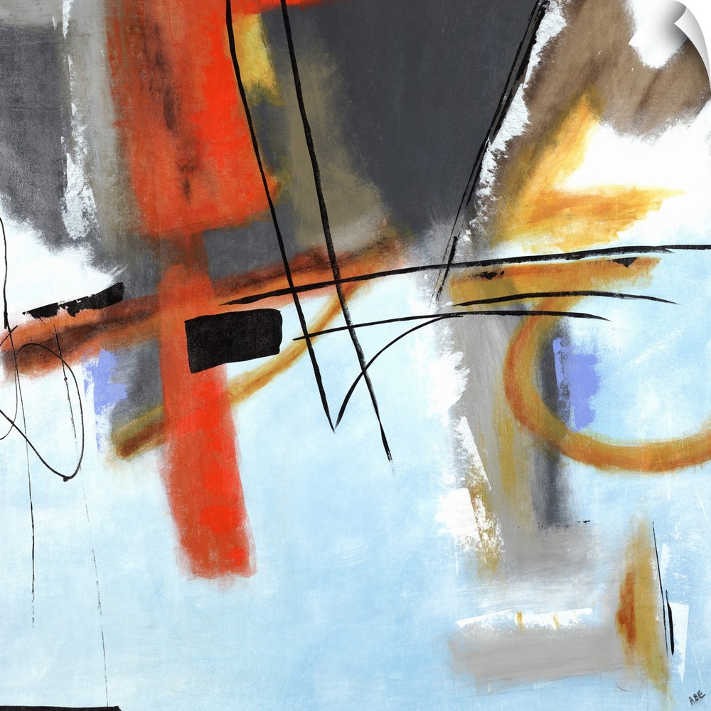 Contemporary abstract painting using muted red and blue tones mixed with bold black strokes.
