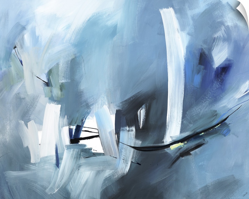 Abstract painting of textured brush strokes in shades of blue with black and white accents.