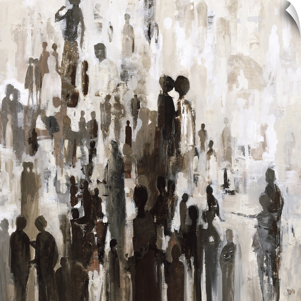 Square abstract painting with silhouettes of people grouped together in shades of brown.