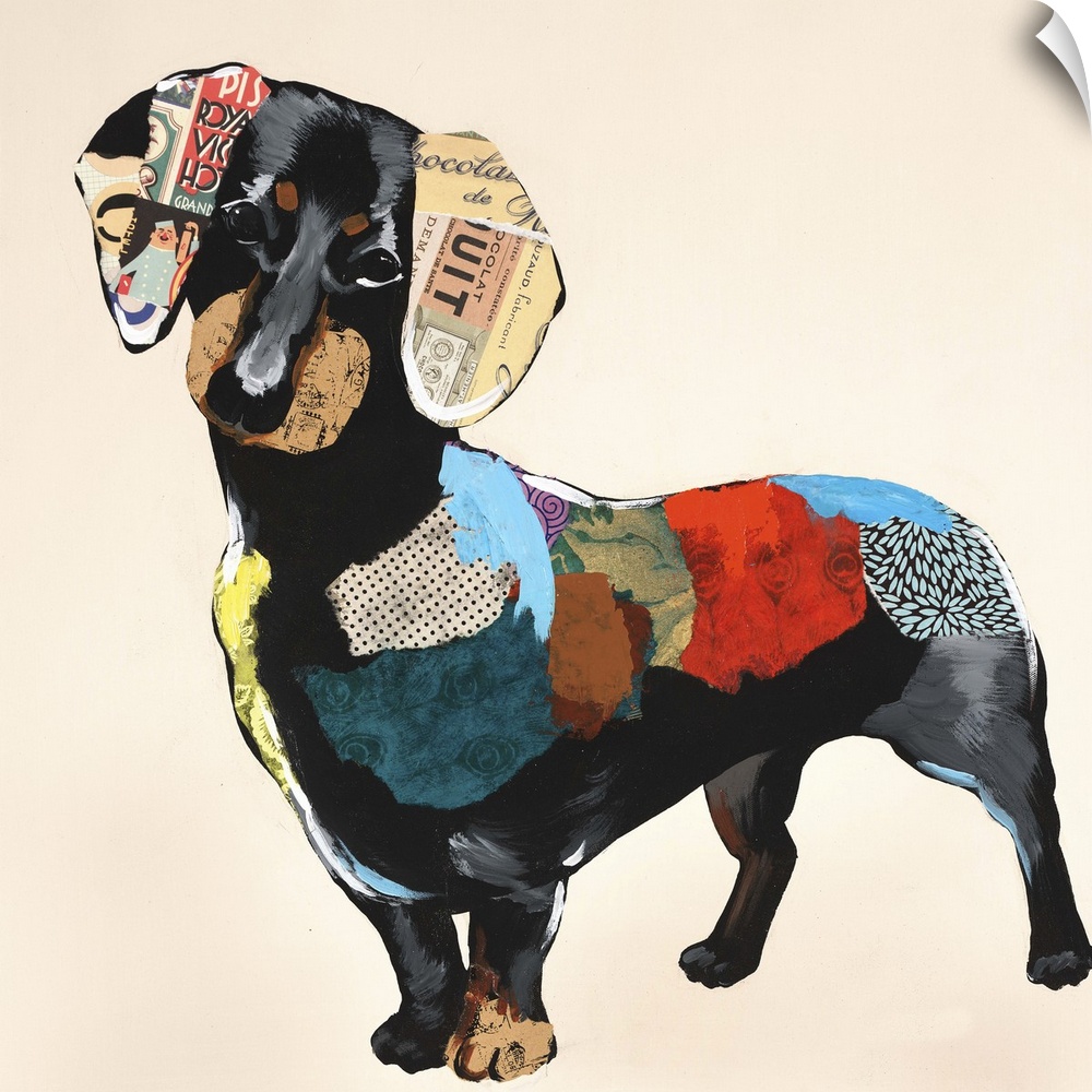Square art created with mixed media of a colorful dachshund on a neutral colored background.