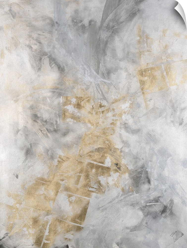 Abstract painting of a textured design in shades of silver and gold.