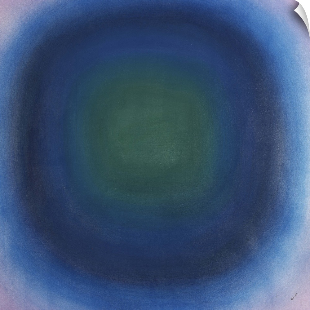 Contemporary abstract painting of concentric circles in purple, green and blue.
