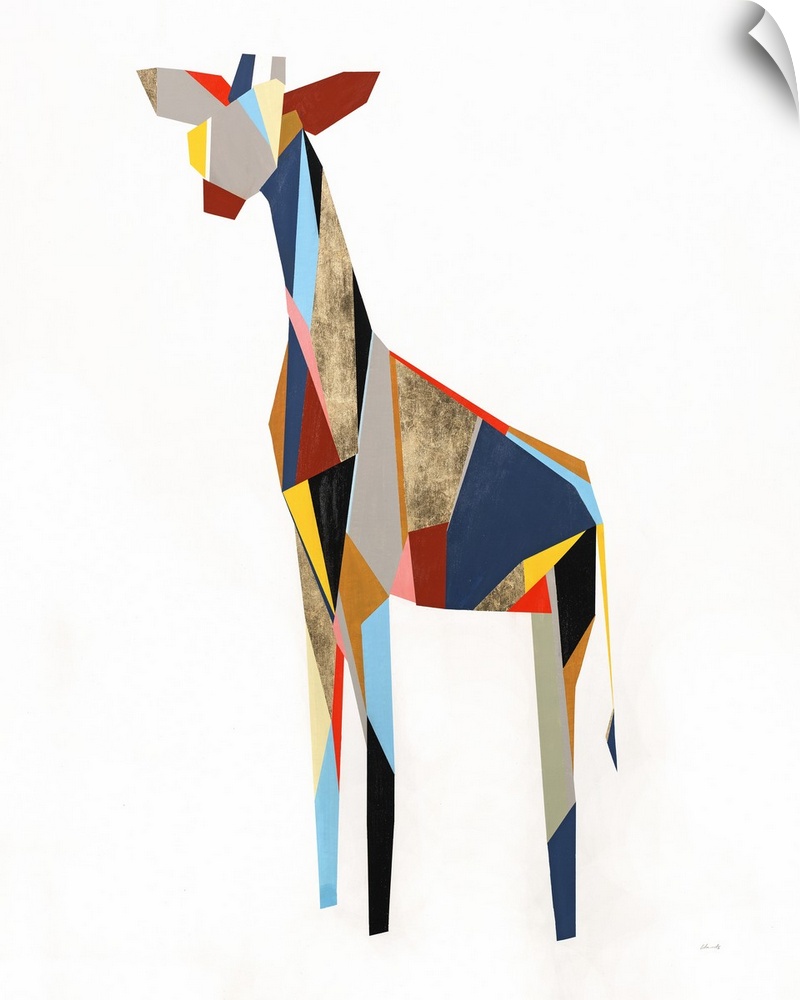 Colorful abstract painting of a giraffe created with geometric shapes on a solid white background.