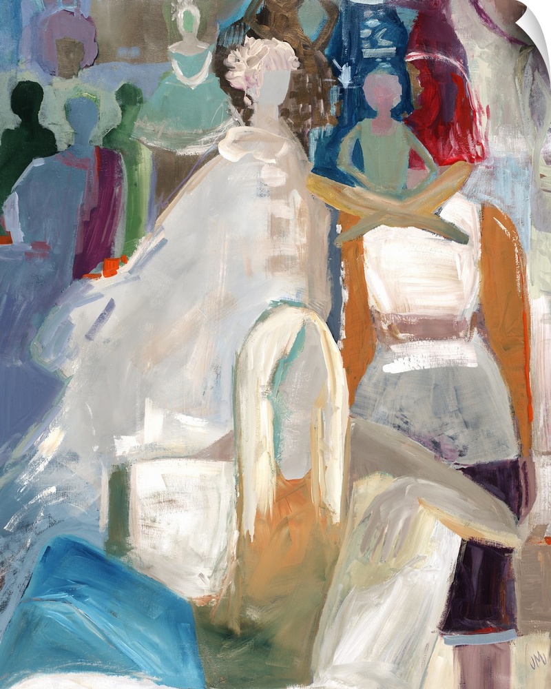 Semi-abstract painting of several figures in a room.