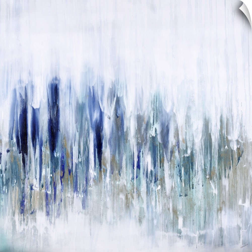 Contemporary painting of shades of blue in a vertical striped design.
