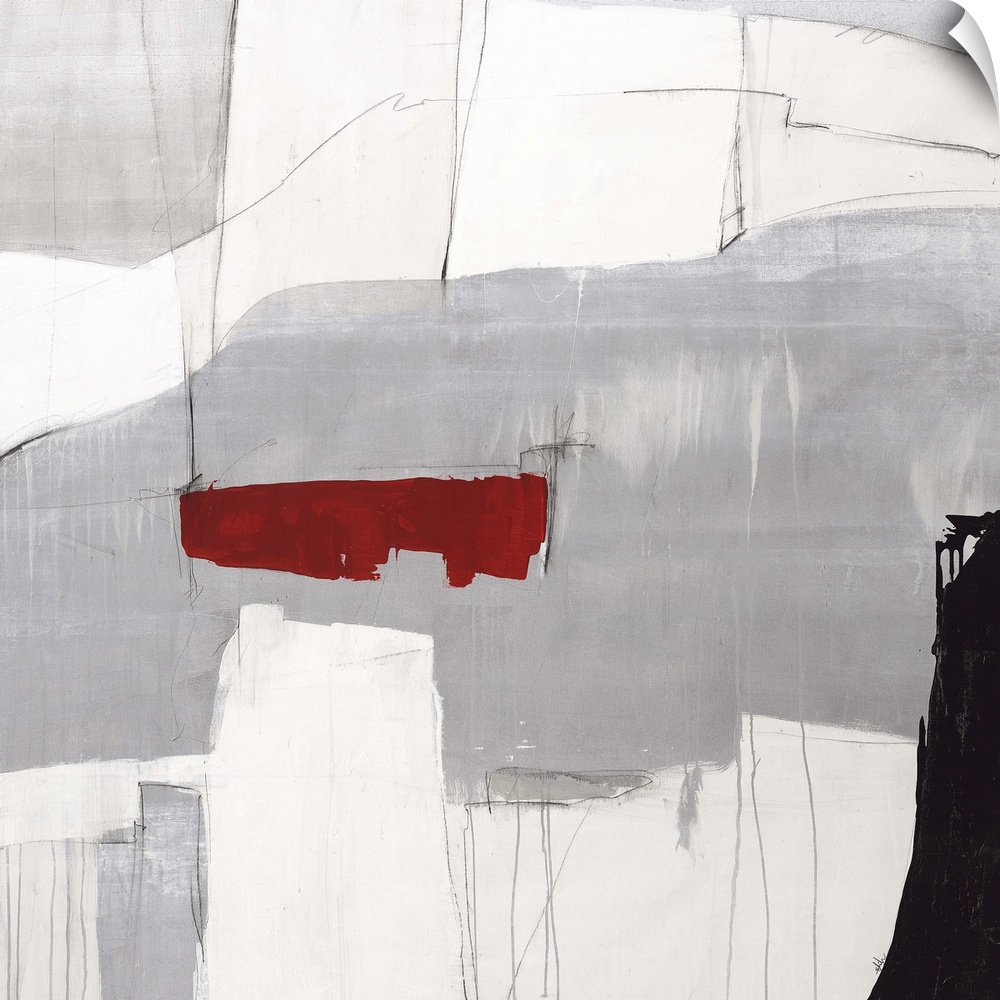 Contemporary abstract painting using gray tones with a pop of red color.