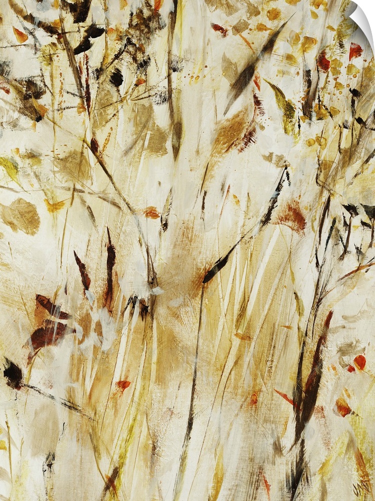 Contemporary painting of warm, golden flowers and leaves on long branches that extend vertically on a vertically streaked ...