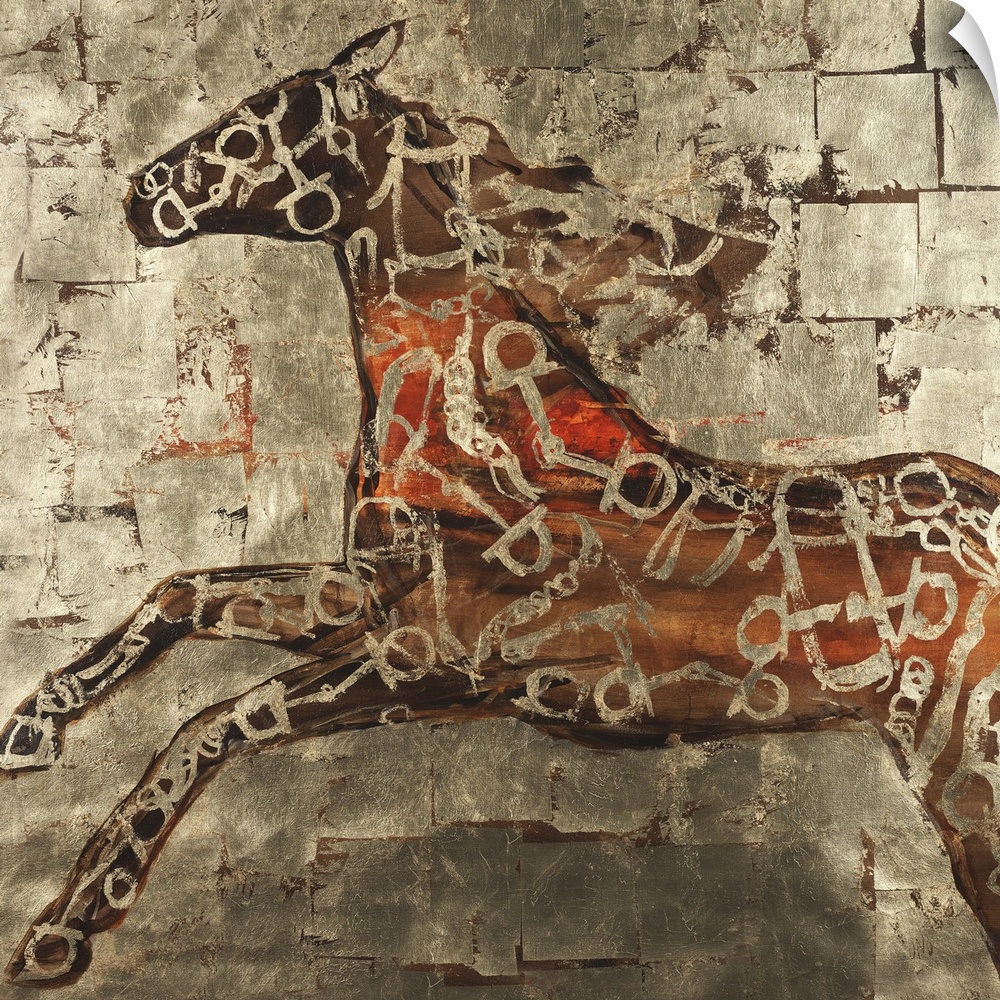 Contemporary painting of horse figure in a red and golden pattern against a gold block background.