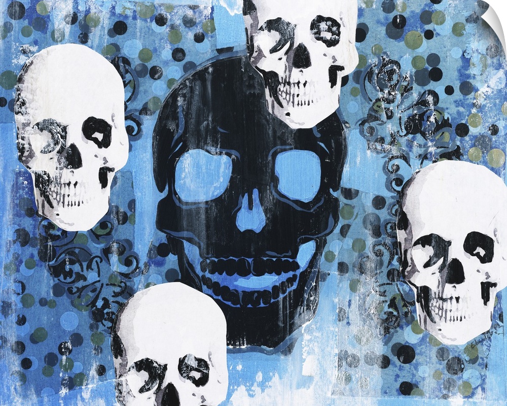 Contemporary artwork with four white skulls circling one large black skull in the center with a blue background that has a...