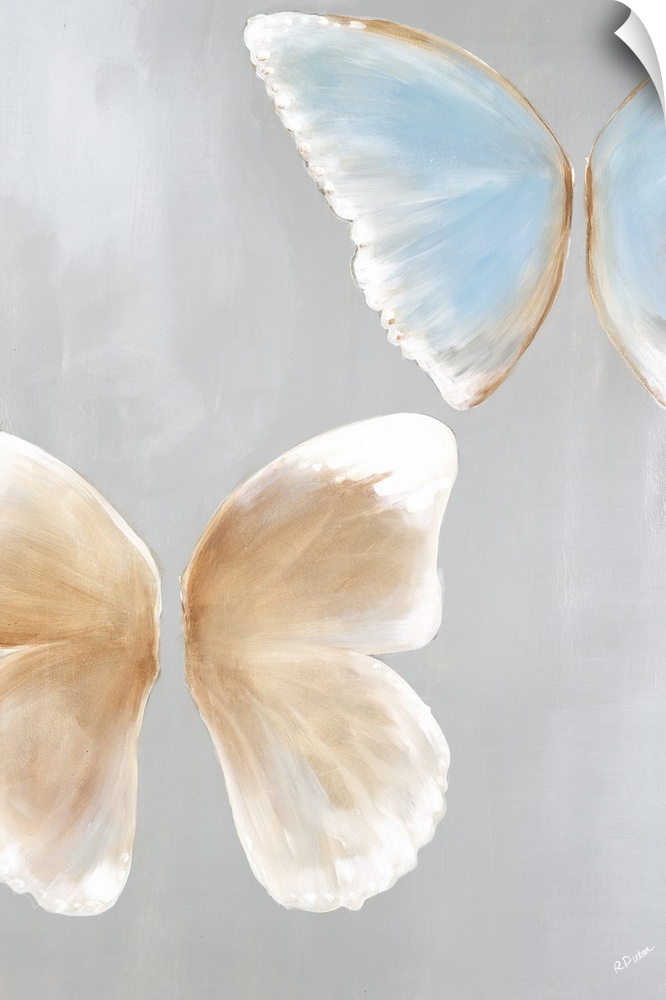 Contemporary abstract painting of pale colored butterflies against a gray background.