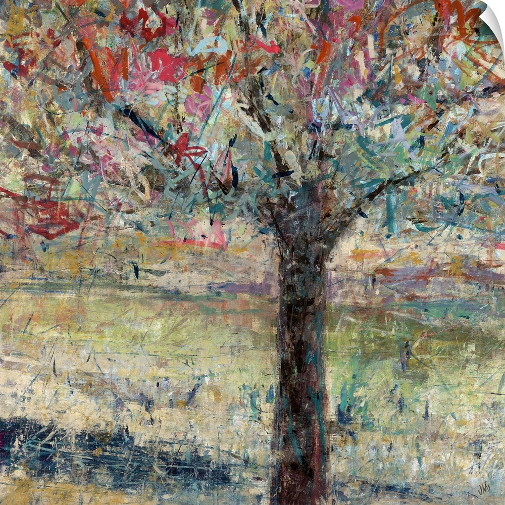 Contemporary painting of a single tree with vibrant leaves and branches in various colors, painted with sharp, deliberate ...