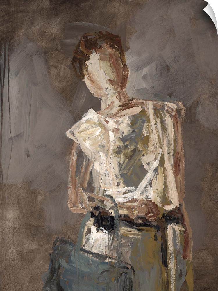 Figurative art of a human form holding two bags, painted with thick, harsh brushstrokes, on a dark, neutral background.