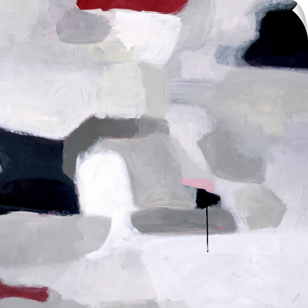 Abstract square painting of shades of gray with accent colors of red and black.