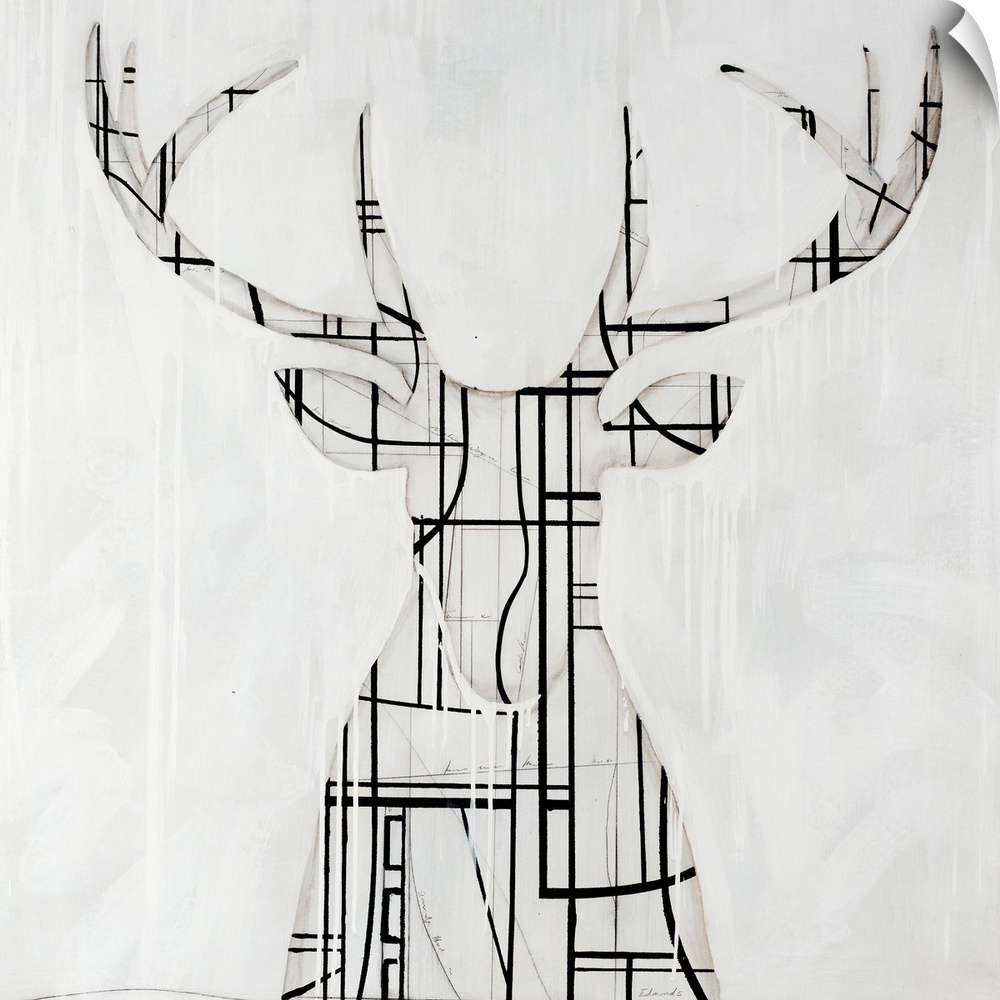 Modern art of a silhouette of a buck with large antlers, his shape composed of contrasting geometric patterns and shapes, ...