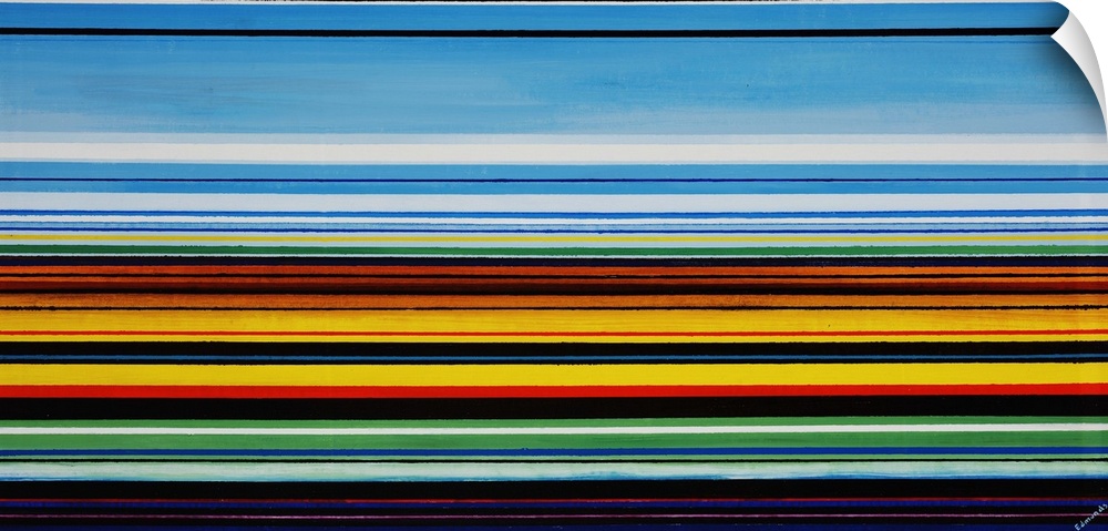 Modern art of many multicolored horizontal lines,  that are vertically stacked in varying thicknesses.