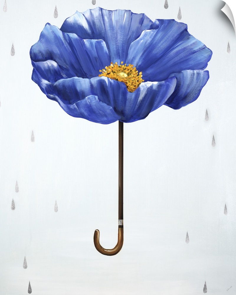 A conceptual painting of a blue poppy as an umbrella with silver rain drops falling down.
